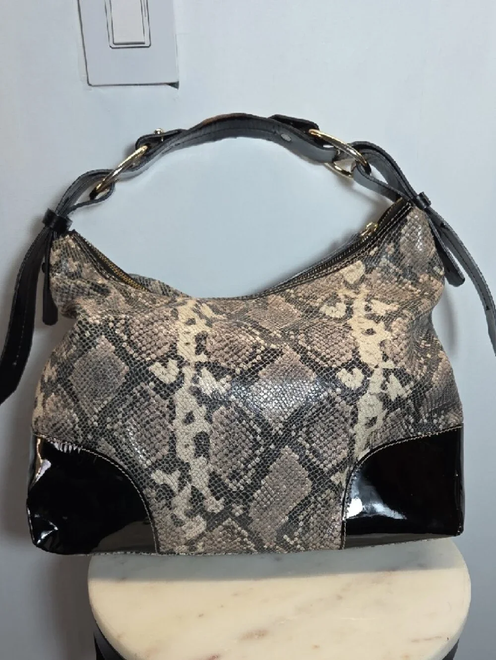Dooney & Bourke Black and Cream Leather Snake-Print Hobo Bag